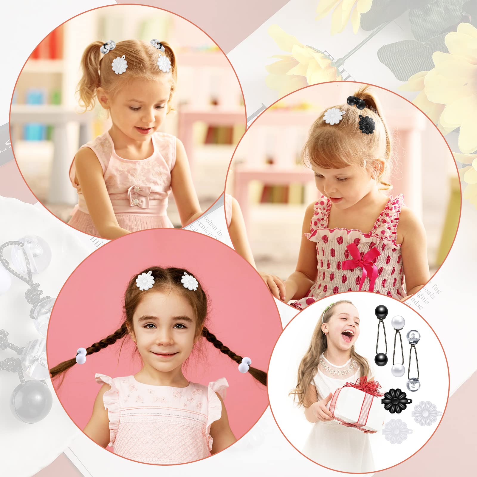 72 Pcs Hair Accessories Set - Barrettes, Hair Balls, Self Hinge Ties, Bubble Bows, Flowers, Plastic Clips for Girls, Baby, Toddler (Black, White, Clear)