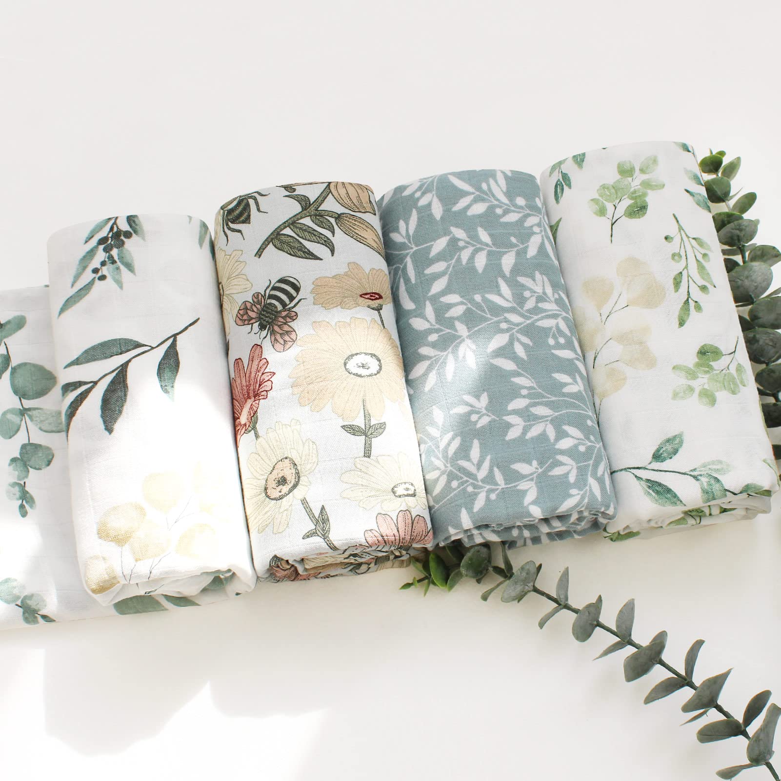 LifeTree Muslin Swaddle Blankets, 2 Pack Baby Swaddling Neutral Receiving Blanket for Boys & Girls, 70% Viscose from Bamboo & 30% Cotton, Large 47" X 47" Eucalyptus Leaves/Sage