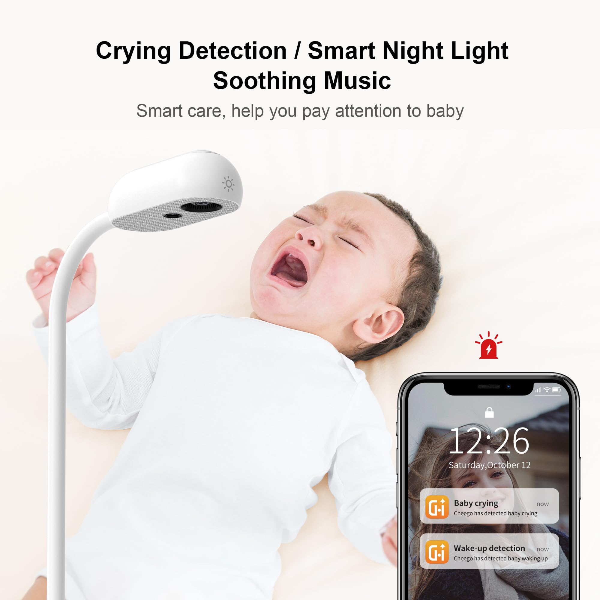 Cheego Smart Baby Monitor & Clip-On Mounting-HD Video Camera and Audio, 2-Way Talk, Nightlight and Night Vision, Room Humidity & Temp, Wake up & Crying Detection Works with Alexa