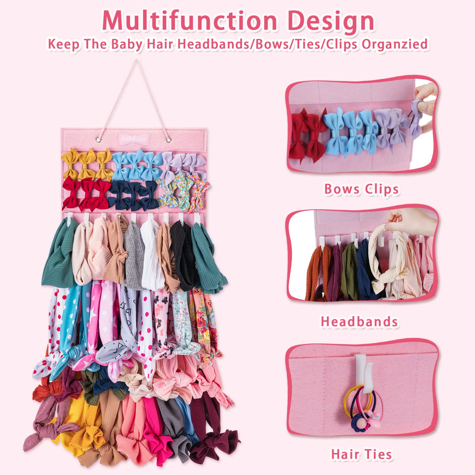 BABEYER Hanging Headbands Organizer for Baby Girls, Pink - 1 Count (Pack of 1), Holds 90 Baby Headbands Easily, Keeps Baby Girls Hair Accessories Organized- 45pcs Hooks