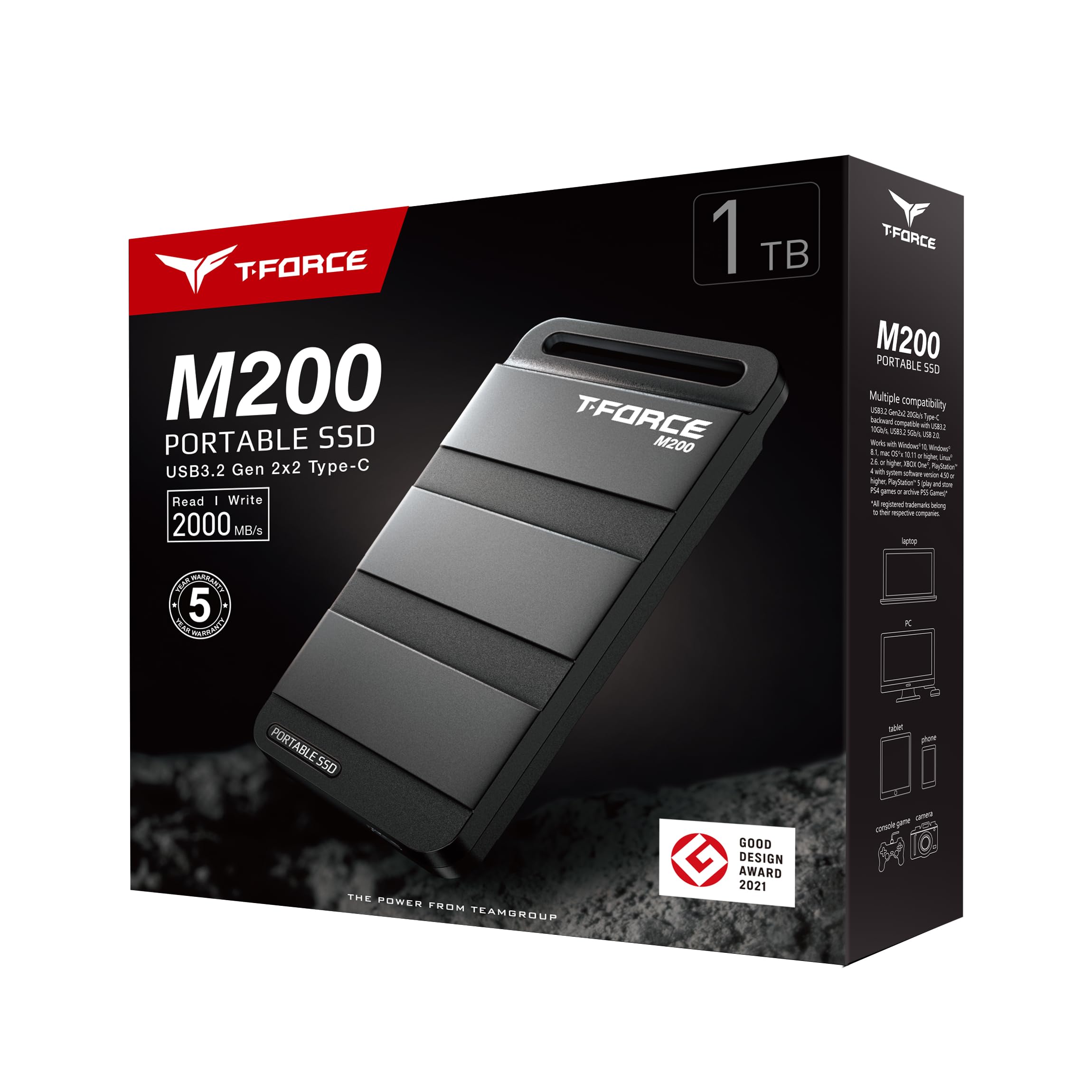 TEAMGROUP T-Force M200 Portable SSD 1TB USB3.2 Gen2x2 Type-C Read/Write 2000MB/s Compatible with PS5 & Xbox & Chrome OS (T8FED9001T0C102)