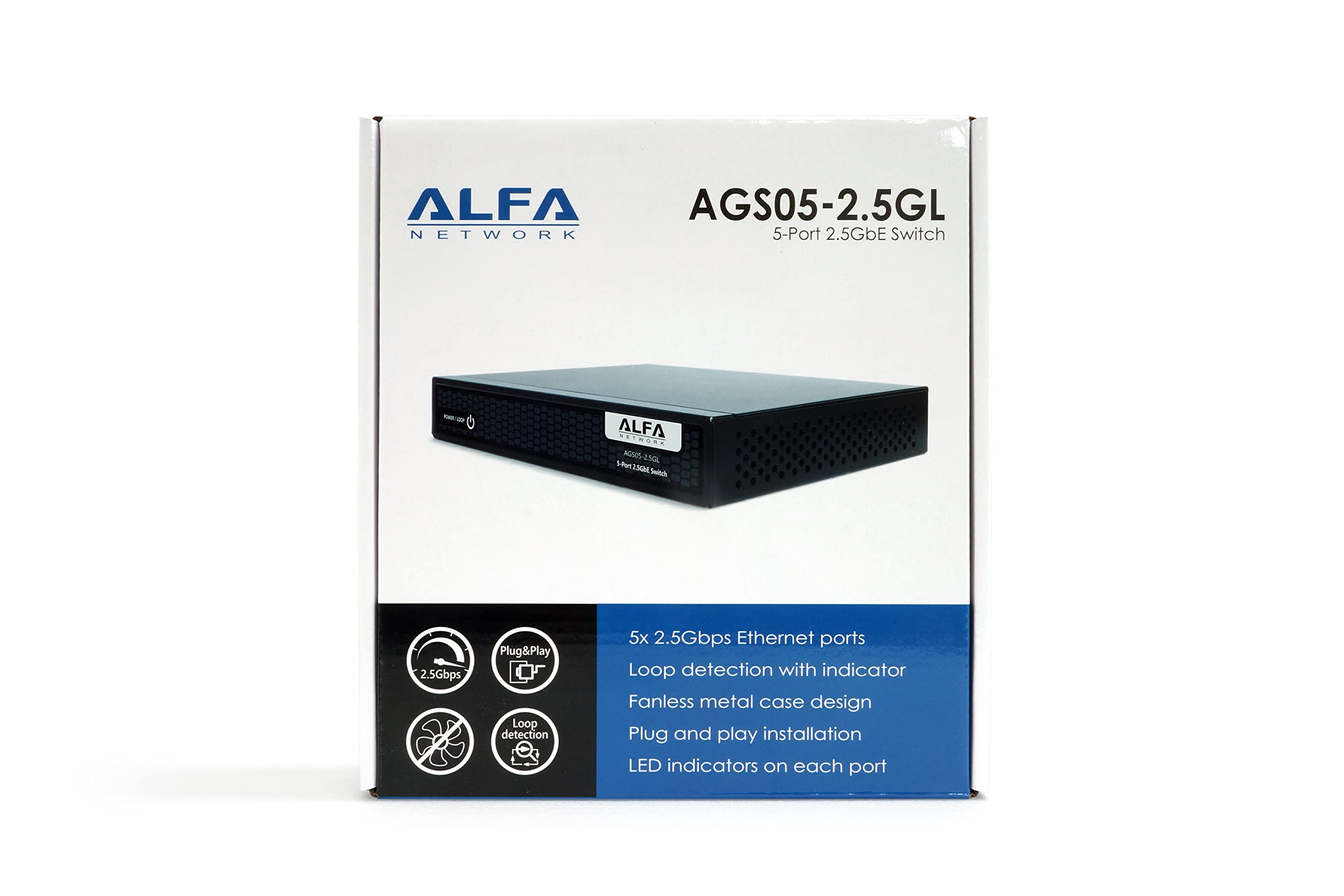 ALFA 5-Port Unmanaged 2.5G Switch, 5 x 2.5GBASE-T Ports, Loop Detection and Fanless Design(AGS05-2.5GL)