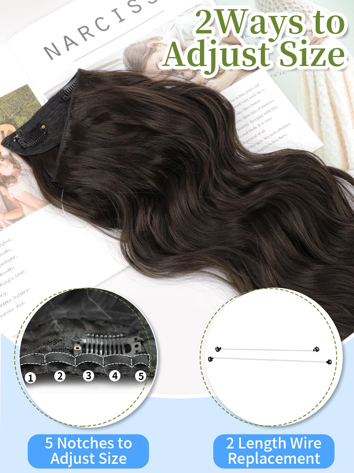 KooKaStyle Invisible Wire Hair Extensions with Transparent Wire Adjustable Size 4 Secure Clips Long Wavy Secret Hairpiece 20 Inch Dark Brown for Women