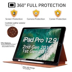 Gexmil Case for iPad Pro 12.9 Inch,2nd/1st Generation(2017/2015) Genuine Leather Cover with Pencil Holder,Cowhide Folio Cover Auto Sleep/Wake,Anti-Fingerprint,Flower Brown