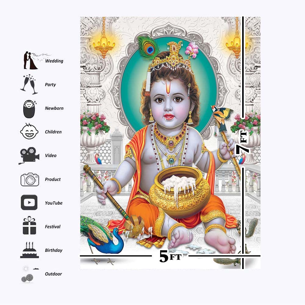 MingTian Baby Lord Krishna Tapestry Backdrop 7x5 Vinyl Indian Lord Child Bal Krishna Poster Background for Living Room Baby Krishna