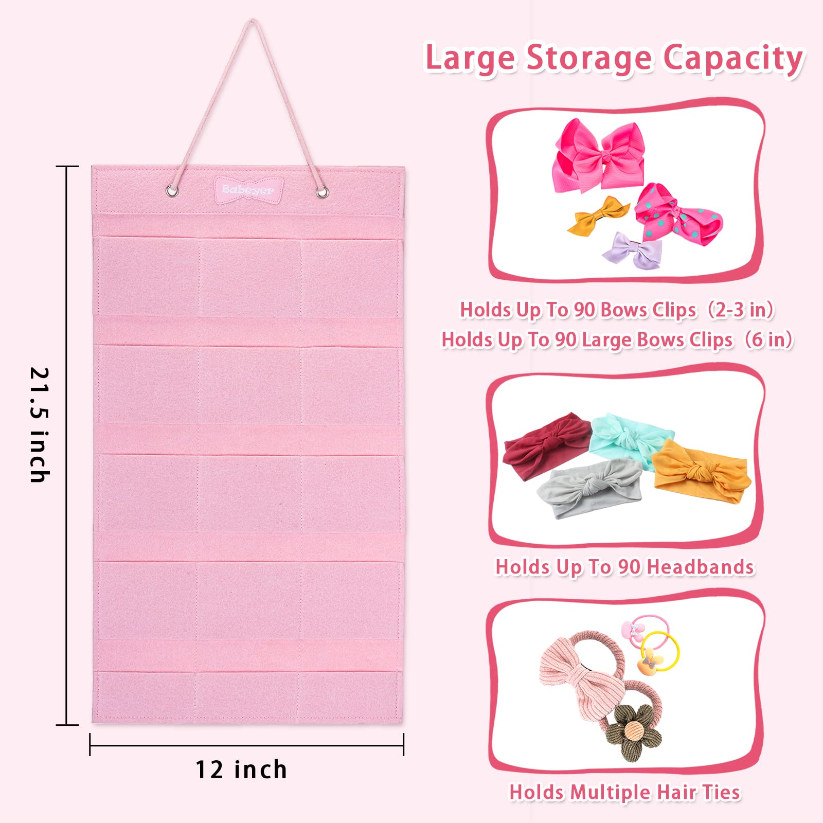 BABEYER Hanging Headbands Organizer for Baby Girls, Pink - 1 Count (Pack of 1), Holds 90 Baby Headbands Easily, Keeps Baby Girls Hair Accessories Organized- 45pcs Hooks