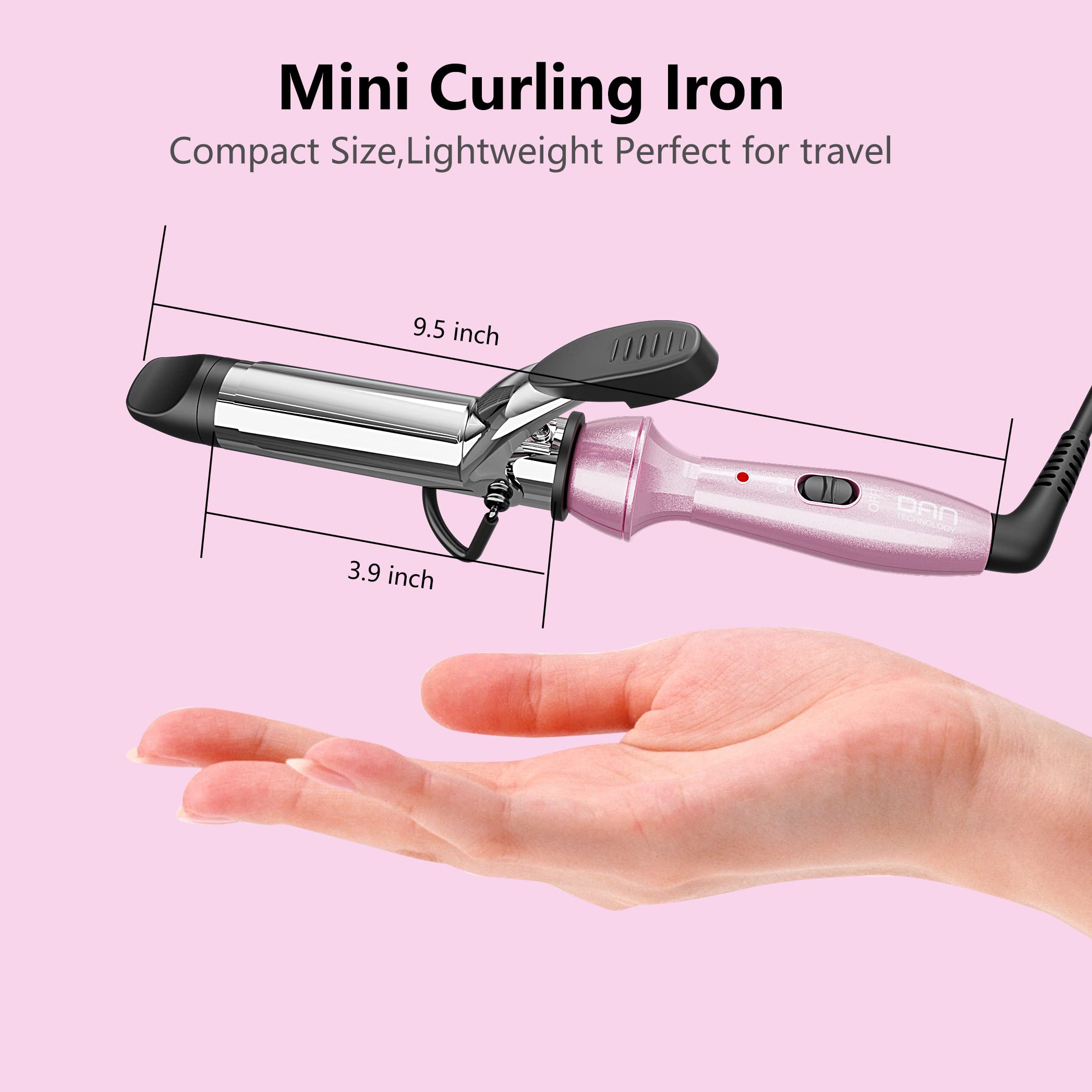 DAN Technology Travel Mini Curling Iron, Dual Voltage Curling Iron up to 450°F for Short Hair,Nano - Titanium Barrels & 30s PTC Fast Heating…