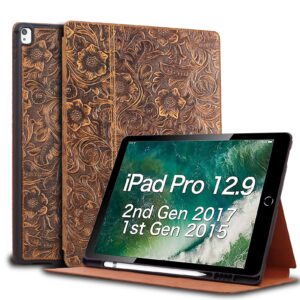 Gexmil Case for iPad Pro 12.9 Inch,2nd/1st Generation(2017/2015) Genuine Leather Cover with Pencil Holder,Cowhide Folio Cover Auto Sleep/Wake,Anti-Fingerprint,Flower Brown