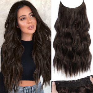 kookastyle invisible wire hair extensions with transparent wire adjustable size 4 secure clips long wavy secret hairpiece 20 inch dark brown for women