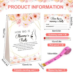 Set of 76 Baby Shower Game Kit How Big is Mommy's Belly Sign Guessing Baby Game Sign with Guessing Cards Pencils Measuring Tape for Baby Shower Gender Reveal Party Game (Floral Style)