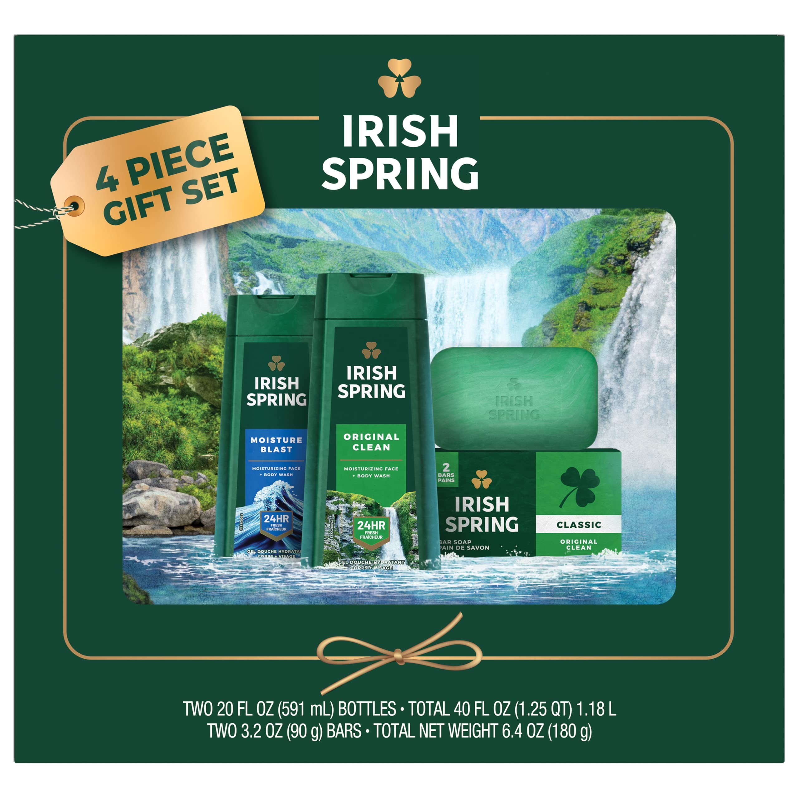 Irish Spring Body Wash Gift Pack, Original & Moisture Blast Body Wash 20 oz each (40 oz Total) + 2 Original Bar Soap 3.2oz (6.4 oz Total)