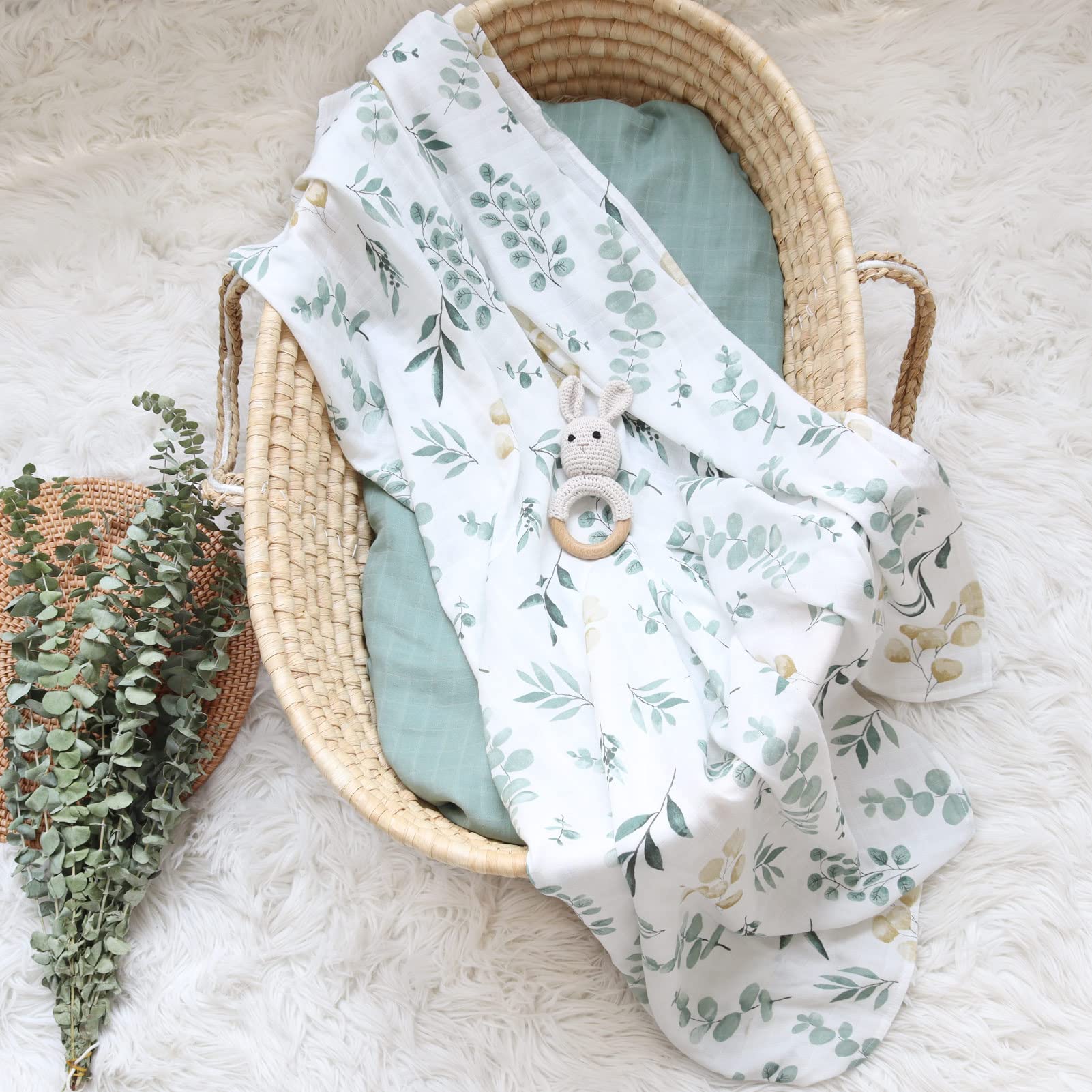 LifeTree Muslin Swaddle Blankets, 2 Pack Baby Swaddling Neutral Receiving Blanket for Boys & Girls, 70% Viscose from Bamboo & 30% Cotton, Large 47" X 47" Eucalyptus Leaves/Sage