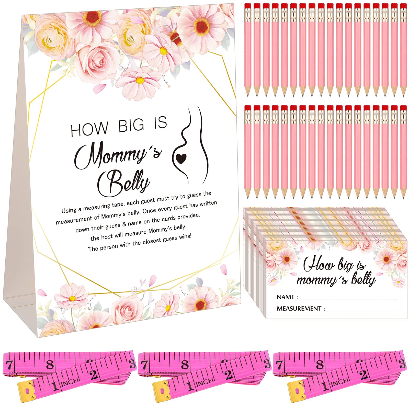 Set of 76 Baby Shower Game Kit How Big is Mommy's Belly Sign Guessing Baby Game Sign with Guessing Cards Pencils Measuring Tape for Baby Shower Gender Reveal Party Game (Floral Style)