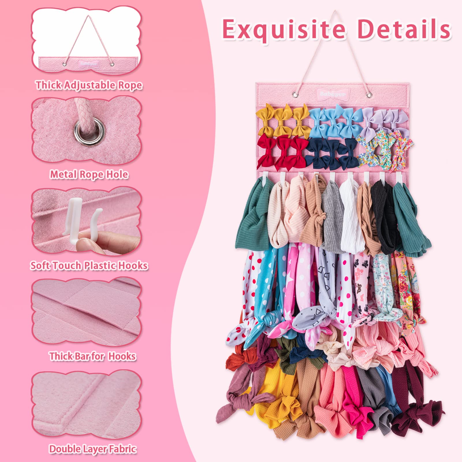 BABEYER Hanging Headbands Organizer for Baby Girls, Pink - 1 Count (Pack of 1), Holds 90 Baby Headbands Easily, Keeps Baby Girls Hair Accessories Organized- 45pcs Hooks