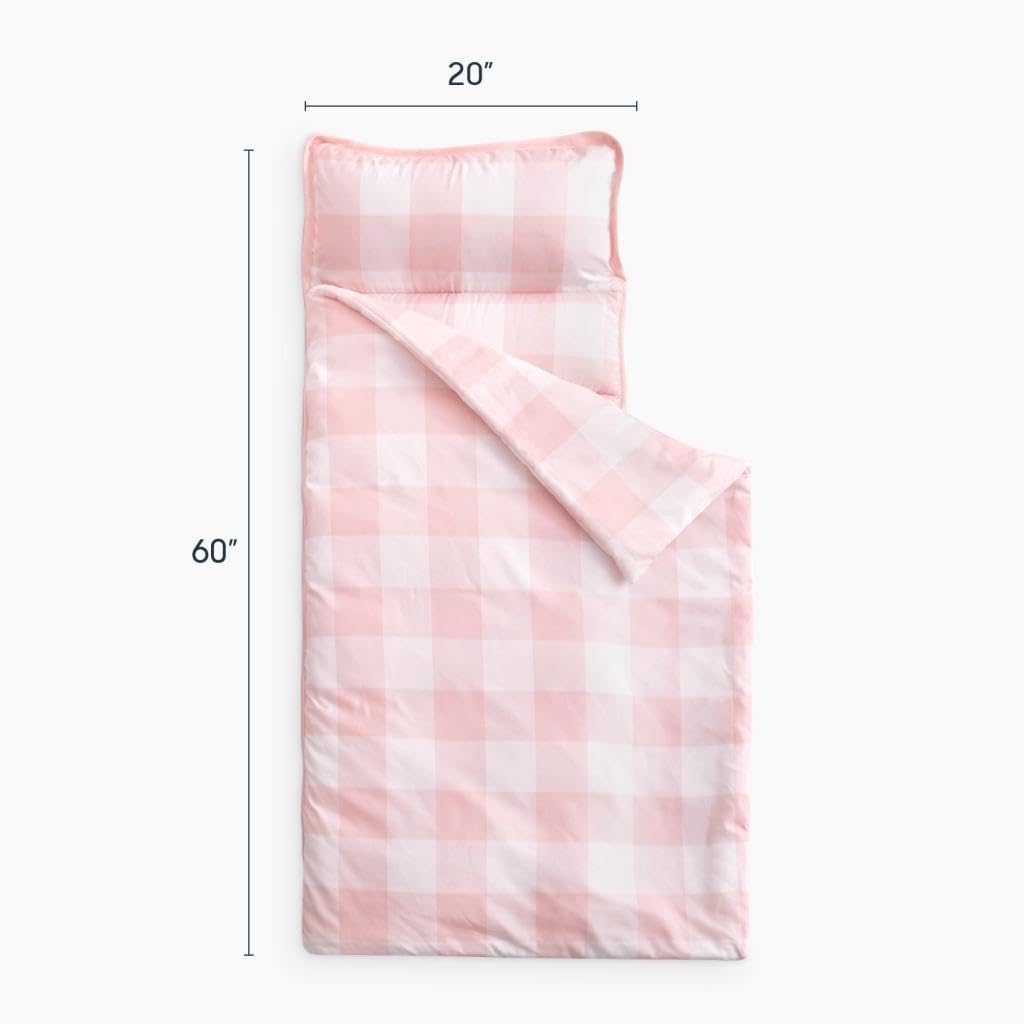 Wake In Cloud - Toddler Nap Mat with Pillow and Blanket, for Kids Boys Girls in Kindergarten Daycare Preschool Pre K, Roll Up Sleeping Bag, Pink White Gingham Buffalo Plaid, Extra Long