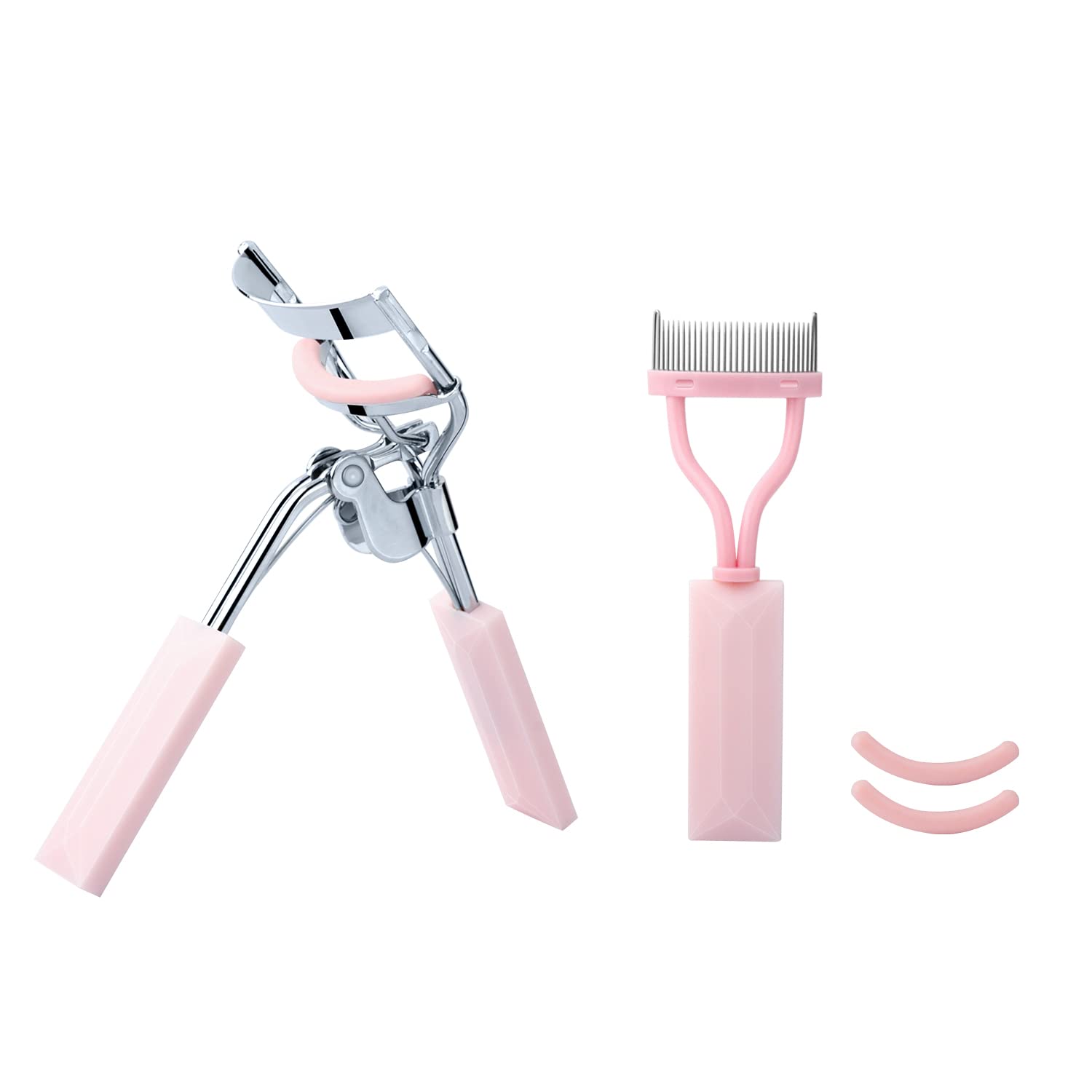 Eyelash Curler and Eyelash Comb Set with 2 Refill Pads (Pink)