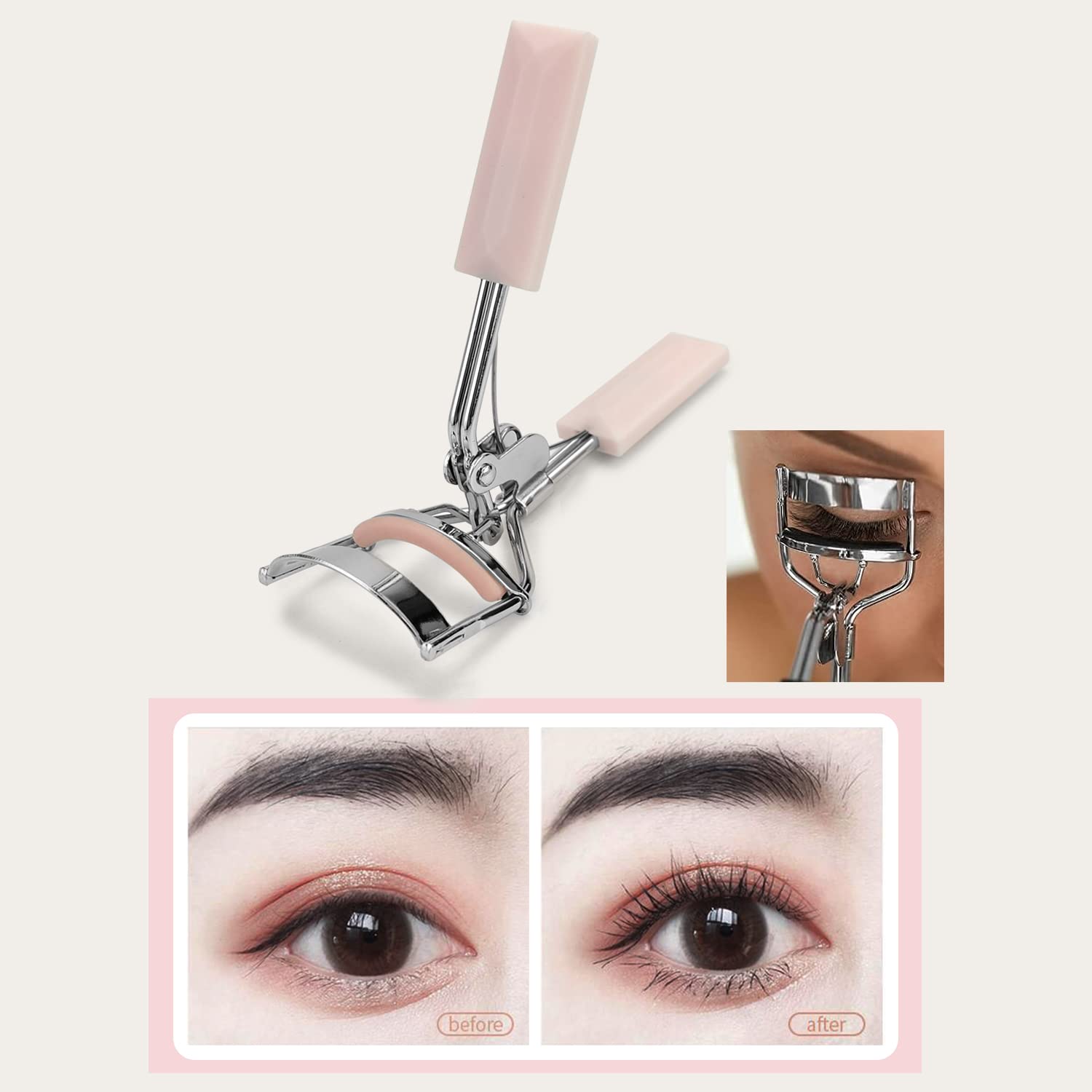 Eyelash Curler and Eyelash Comb Set with 2 Refill Pads (Pink)