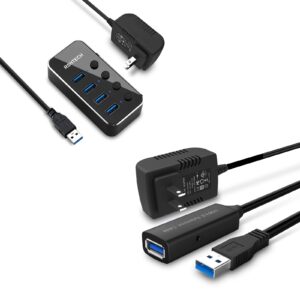 rshtech 4 port powered usb 3.0 hub with 5v adapter + 50 ft usb 3.0 active extension cable with 5v 2a power adapter