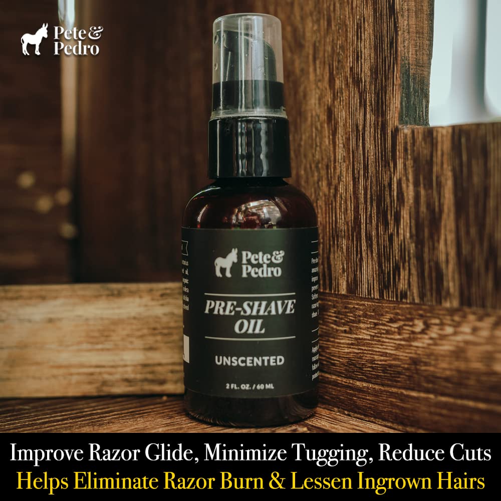 Pete & Pedro PRE-SHAVE OIL - Improves Razor Glide For Smooth Shaving | Reduces Irritation, Burn, Ingrowns, Bumps & Redness | Unscented, Sensitive Skin, For All Razors | As Seen on Shark Tank, 2 oz.