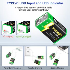 4-Pack Rechargeable 9V Batteries, High Capacity 1300mAh 9 Volt Lithium-ion Long Lasting Power, USB-C Recharge with 2 in 1 Charging Cable for Smoke Alarms,Multimeters,Toys,Microphones,Walkie-Talkie