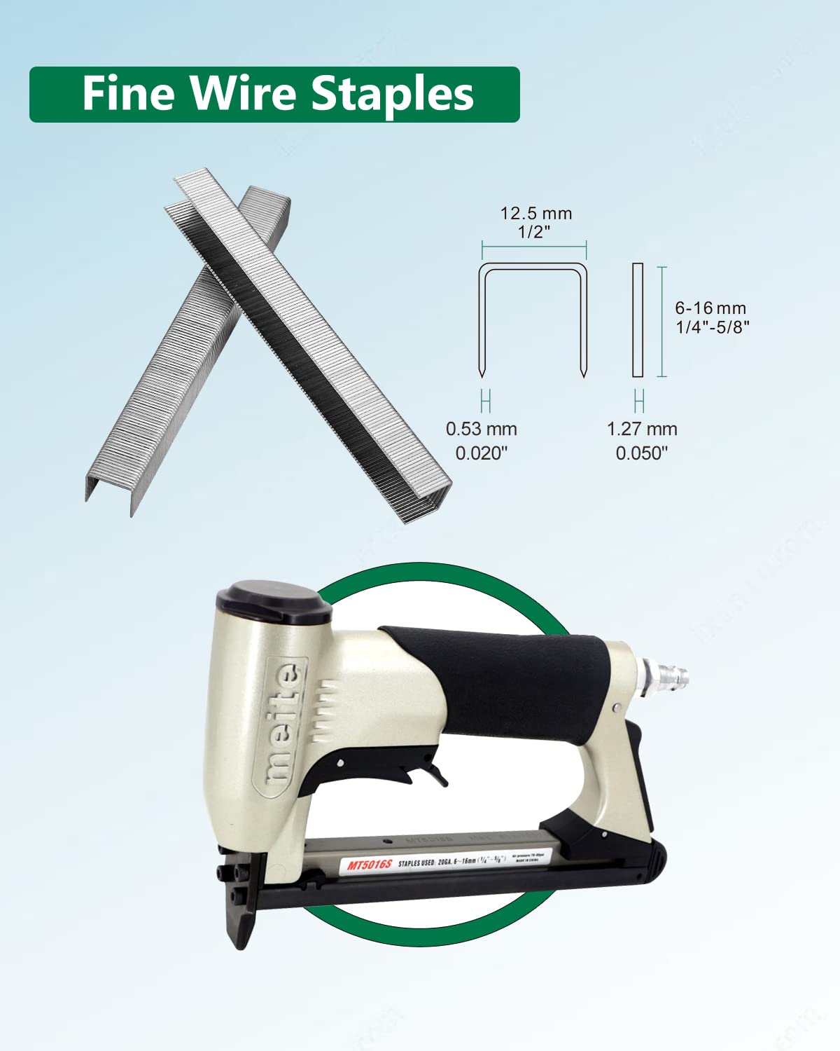 meite 20 Gauge 1/2-Inch (12.3mm) Crown 1/2-Inch Length Upholstery Staples for Staple Gun, Fine Wire Stainless Steel Staples for Carpet, Work Box, Cable, Shed (5,000 Pieces)