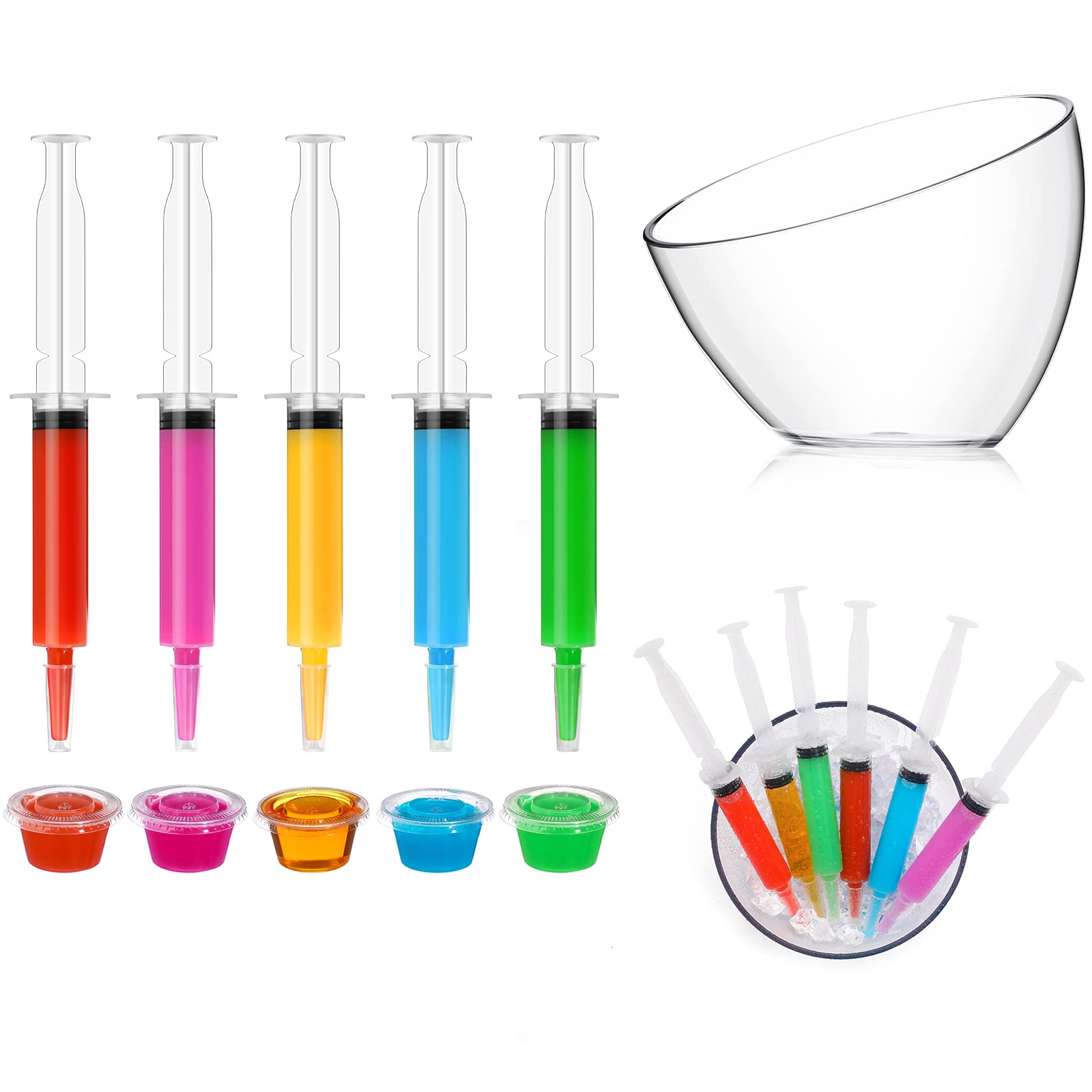 50 Pack Shot Set Include 24 Pcs 0.7 oz Shot Syringes 24 Pcs 2 oz Shot Cups with Lids and 2 Pcs 1 Liter Acrylic Bucket for Birthday Thanksgiving Halloween Christmas Bachelorette Theme Party