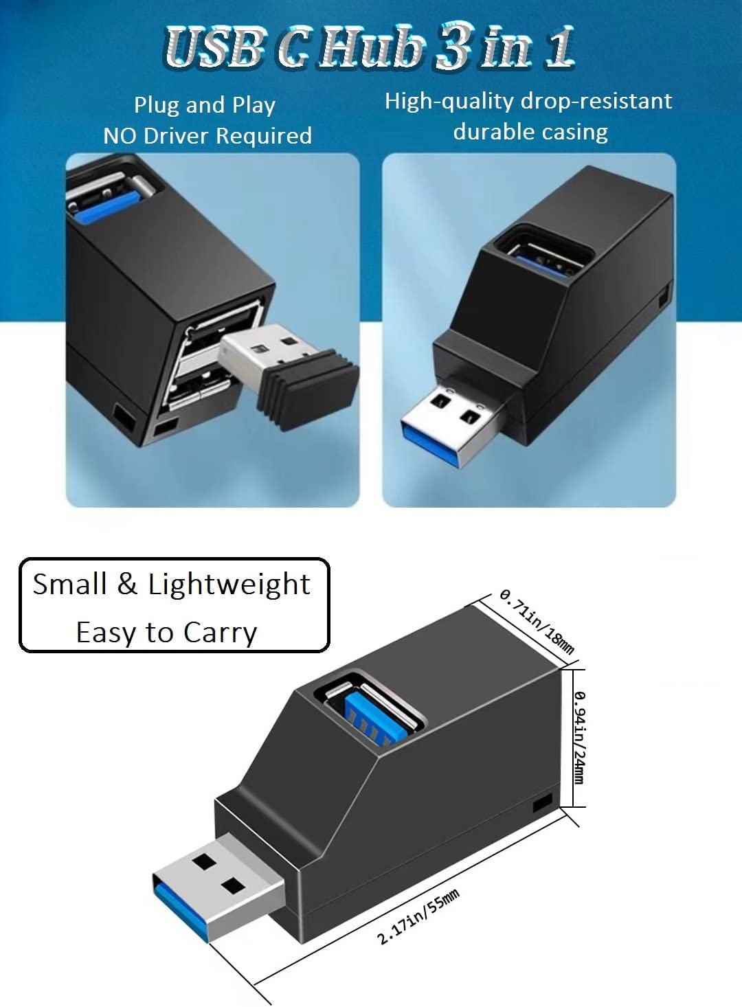 BIANTI USB Hub Splitter 3 Ports Super Speed 5Gbps Extender, 3.0 A Adapter with Lanyard and Safety Helmet, for MacBook Pro/Air, PS4, Laptop, PC, Surface Pro, iMac, Mobile HDD, Keyboard, Mouse