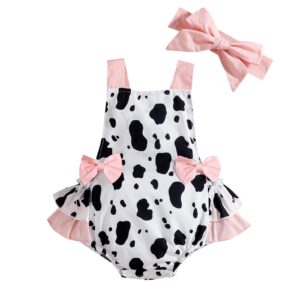 baby girls cow print romper summer sleeveless backless jumpsuit ruffle bowknot tutu dress sunsuit with headband farm cow themed first birthday coming home outfit for photo props pink cow 12-18 months