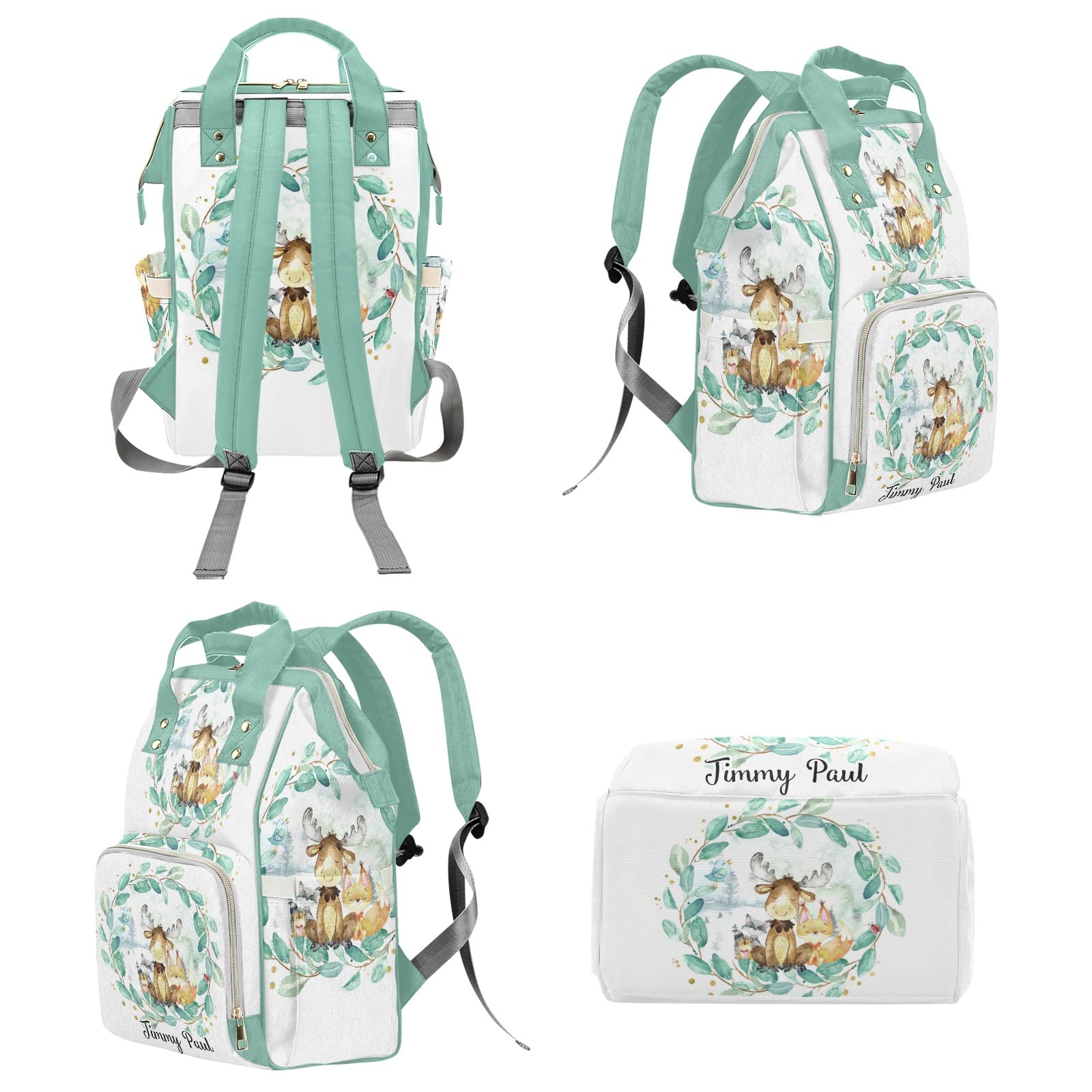 Woodland Animals Fox Deer Personalized Diaper Backpack with Name,Custom Travel DayPack for Nappy Mommy Nursing Baby Bag One Size