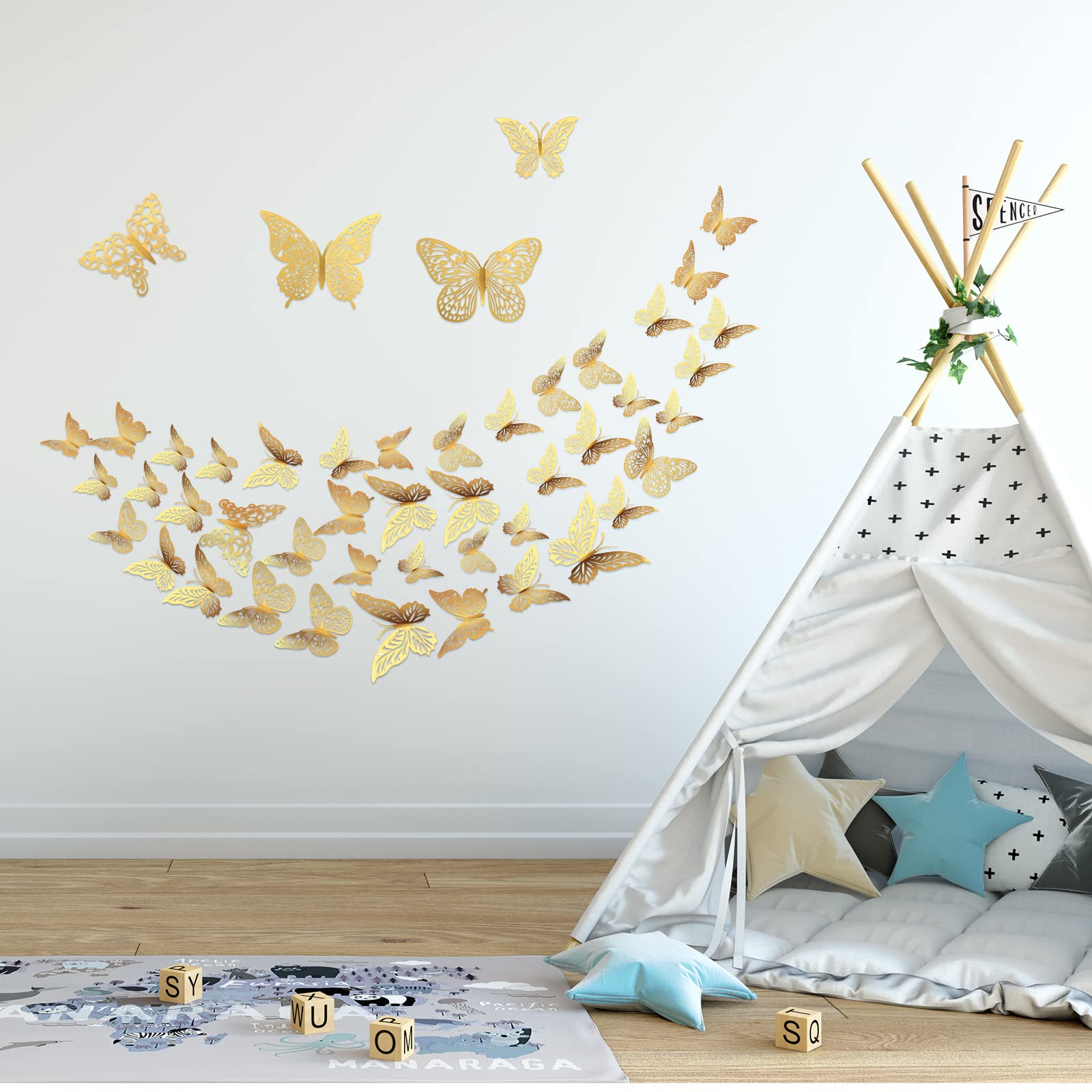 3D Gold Butterfly Wall Decor 3 Sizes 4 Styles Butterfly Party Decorations Cake Decorations Removable Stickers Wall Decor Room Mural Metallic Kids (Gold, 96Pcs)