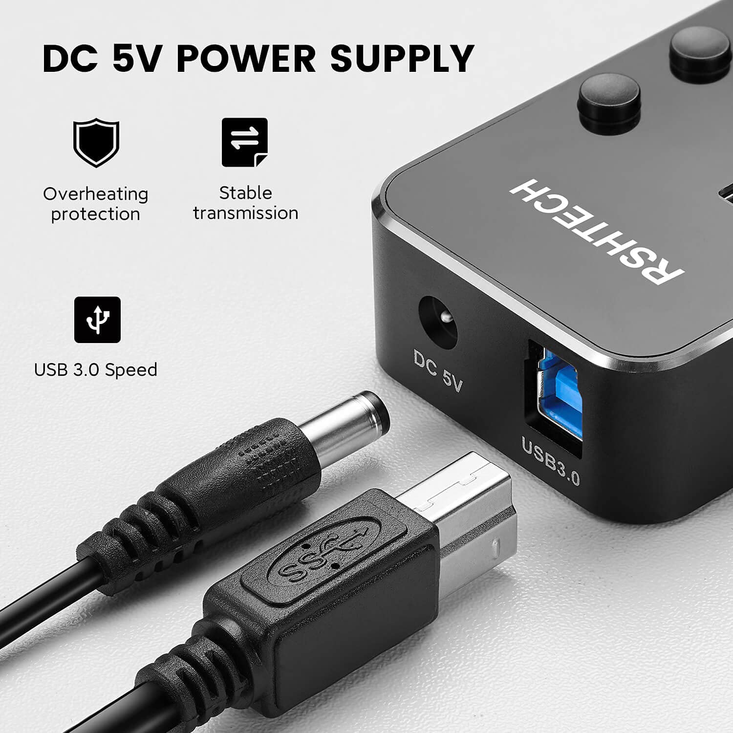 RSHTECH 4 Port Powered USB 3.0 Hub with 5V Adapter + 50 Ft USB 3.0 Active Extension Cable with 5V 2A Power Adapter