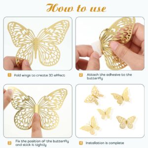 3D Gold Butterfly Wall Decor 3 Sizes 4 Styles Butterfly Party Decorations Cake Decorations Removable Stickers Wall Decor Room Mural Metallic Kids (Gold, 96Pcs)