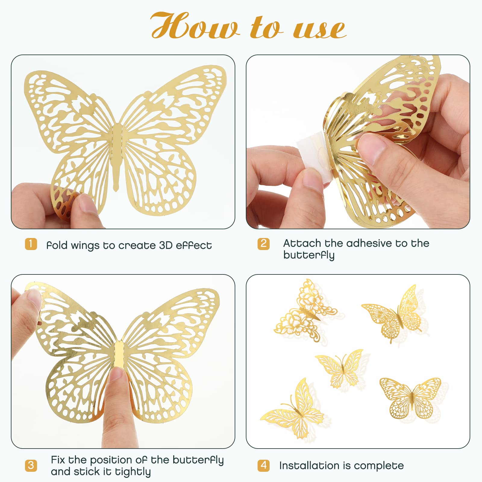 3D Gold Butterfly Wall Decor 3 Sizes 4 Styles Butterfly Party Decorations Cake Decorations Removable Stickers Wall Decor Room Mural Metallic Kids (Gold, 96Pcs)