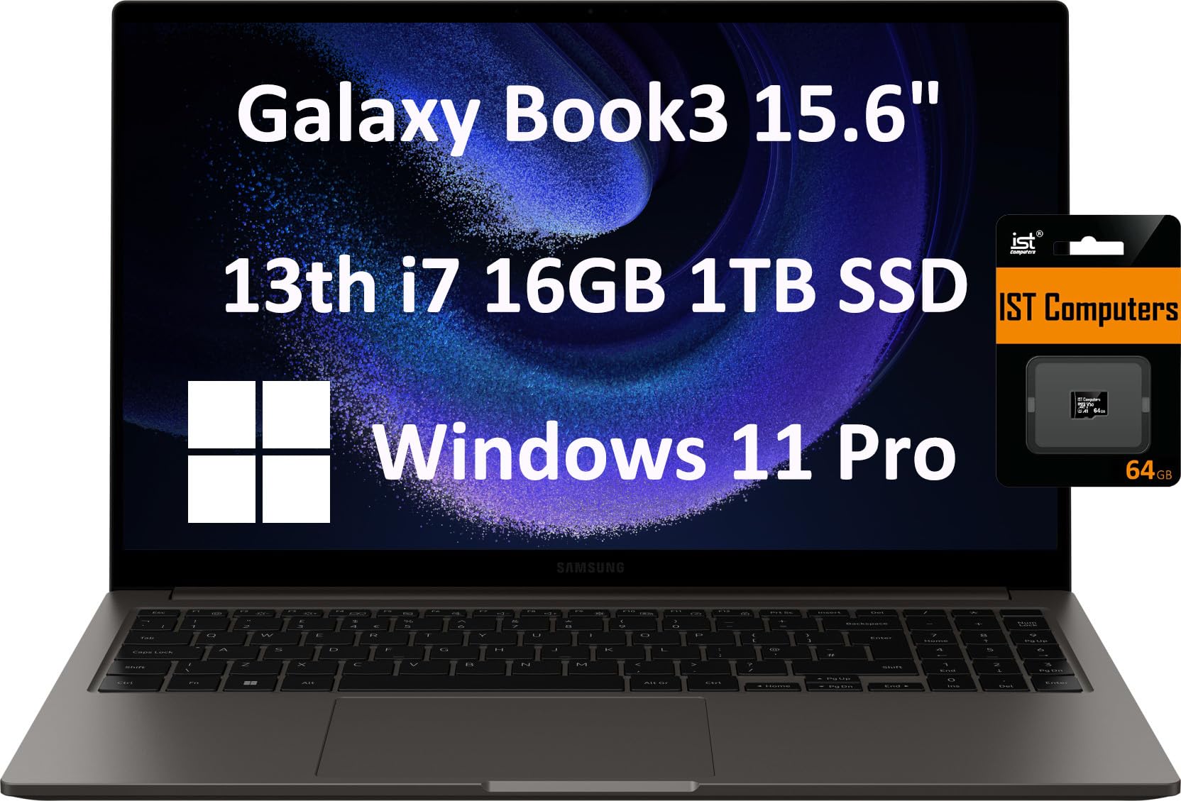 SAMSUNG Galaxy Book3 Business Laptop (15.6" FHD, Intel Pentium U300, 8GB RAM, 256GB SSD), 12-Hour Long Battery Life, Wi-Fi 6, Webcam, IST SD Card, Win 11 Pro, Graphite