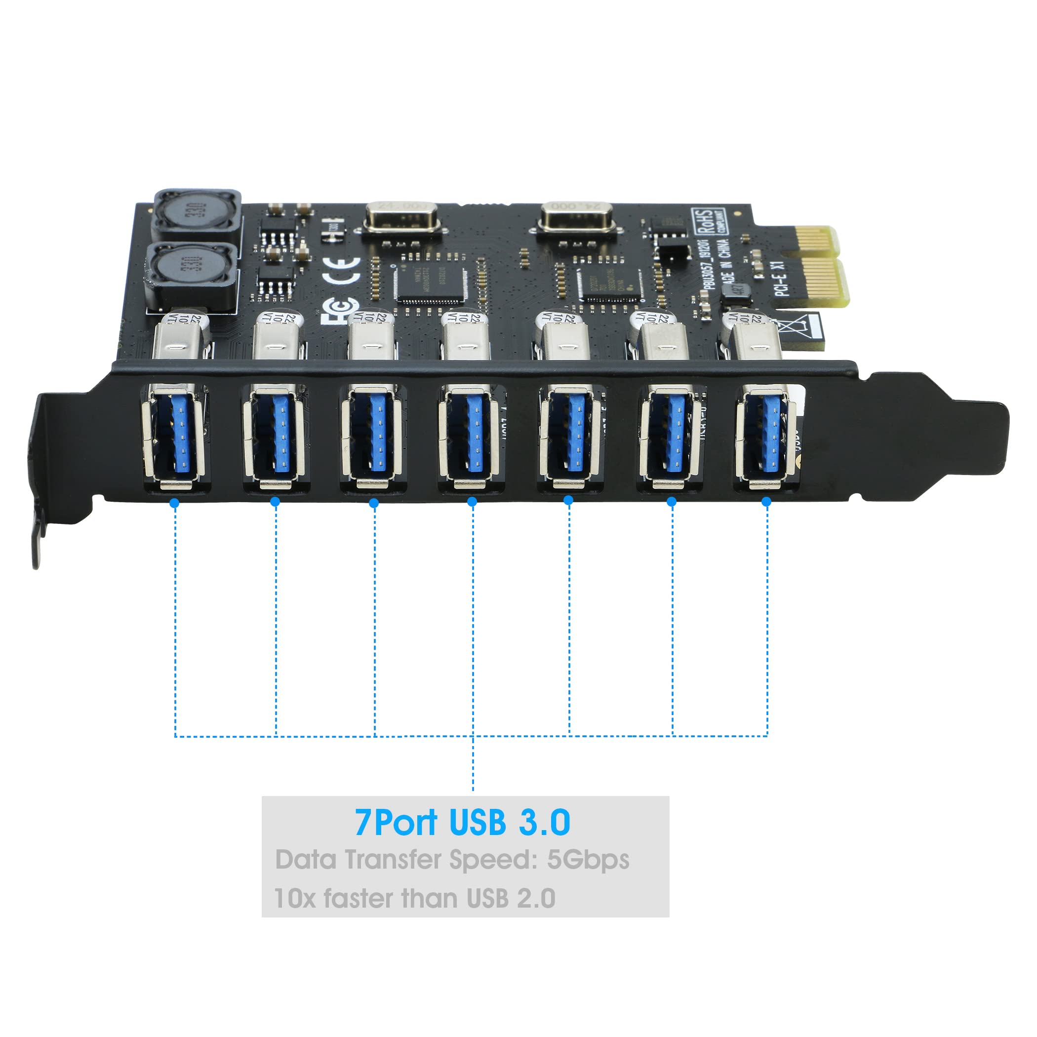 USB 3.0 PCI-e Expansion Card 7Port, RIITOP PCI-e x1 to USB 3.0 HUB Adapter 5Gbps (No Power Need)