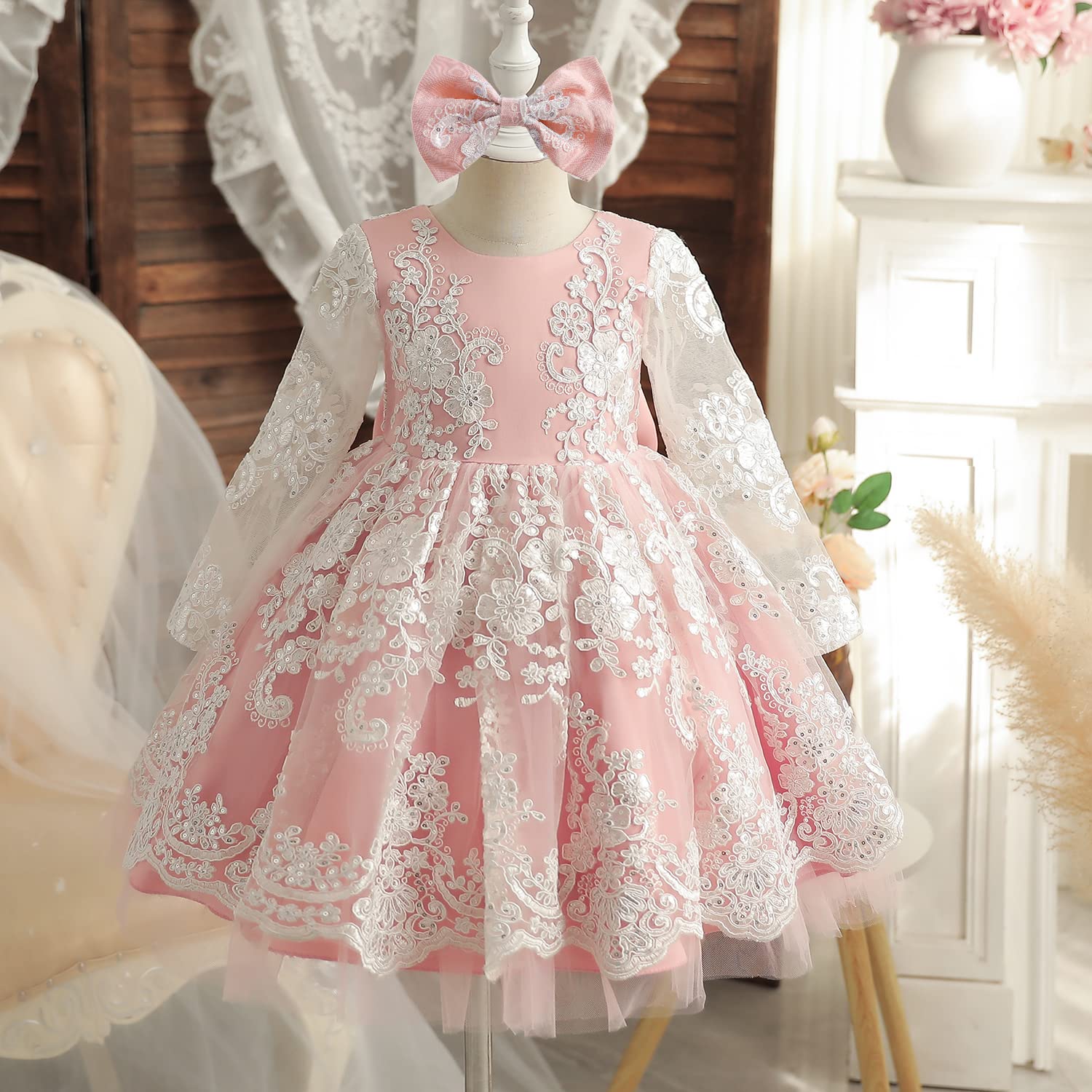 NNJXD Flower Girl Baby Lace Princess Party Pageant Gown Tutu Wedding Dress 790 Pink Size(90) 12-18 Months