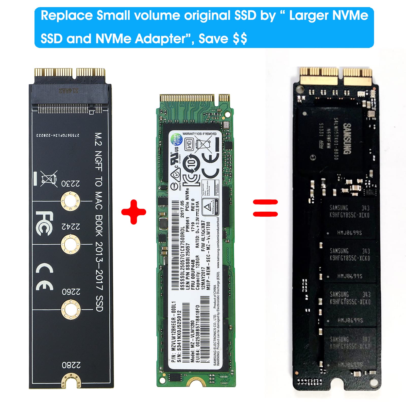 RIITOP M.2 NVMe SSD to 12+16Pin Upgrade Adapter for MacBook Air (2013-2017 Year) A1465 A1466 and Mac Pro (Late 2013-2015 Year)