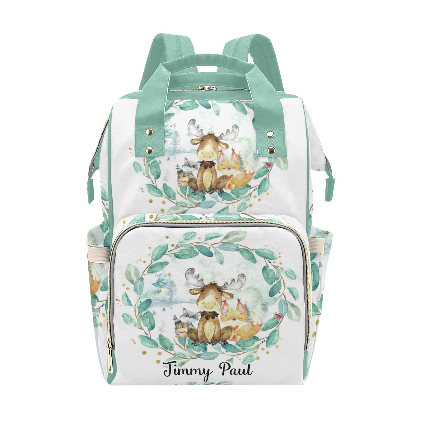 Woodland Animals Fox Deer Personalized Diaper Backpack with Name,Custom Travel DayPack for Nappy Mommy Nursing Baby Bag One Size