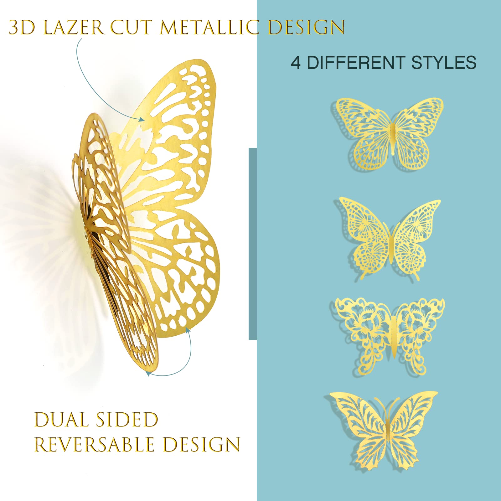 3D Gold Butterfly Wall Decor 3 Sizes 4 Styles Butterfly Party Decorations Cake Decorations Removable Stickers Wall Decor Room Mural Metallic Kids (Gold, 96Pcs)