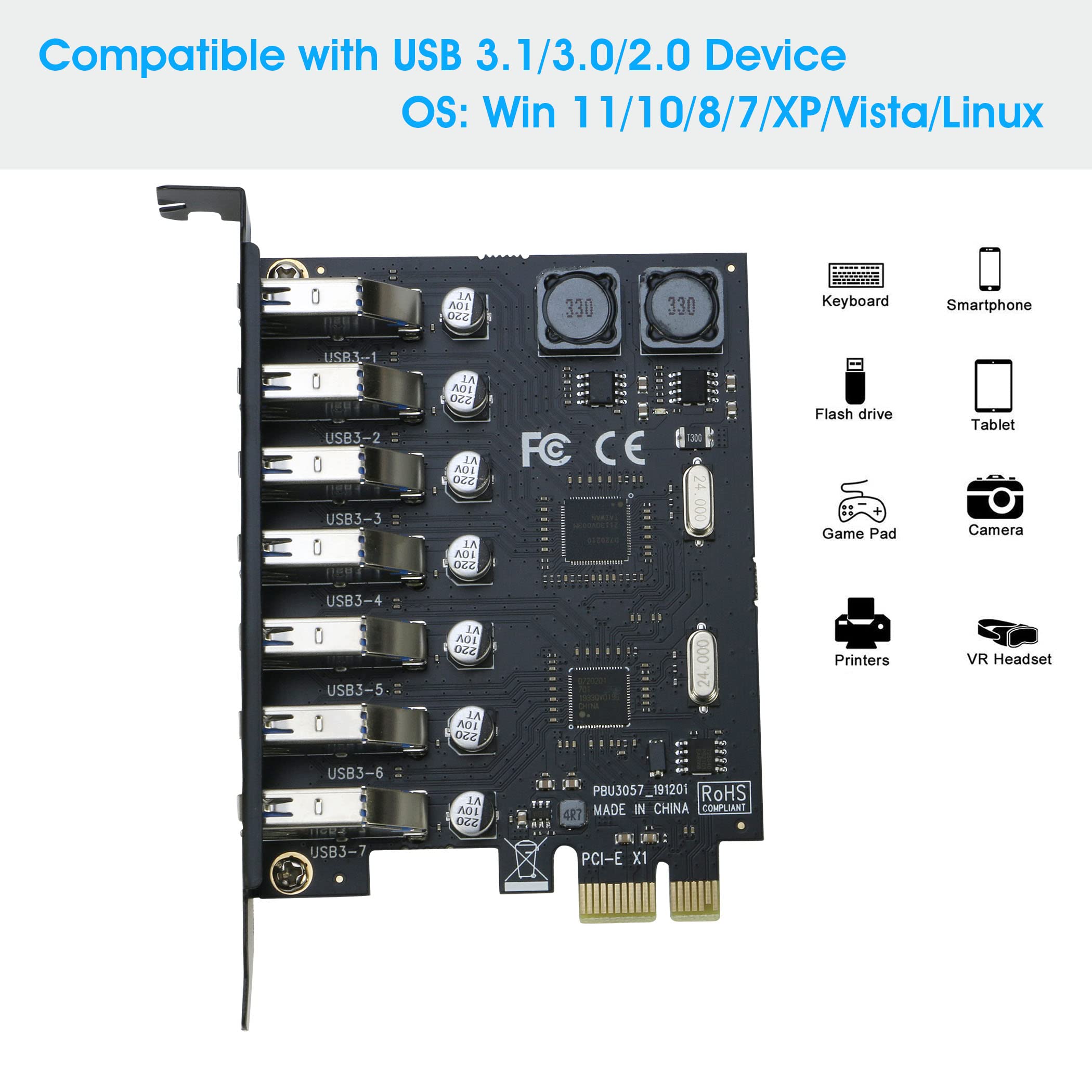 USB 3.0 PCI-e Expansion Card 7Port, RIITOP PCI-e x1 to USB 3.0 HUB Adapter 5Gbps (No Power Need)