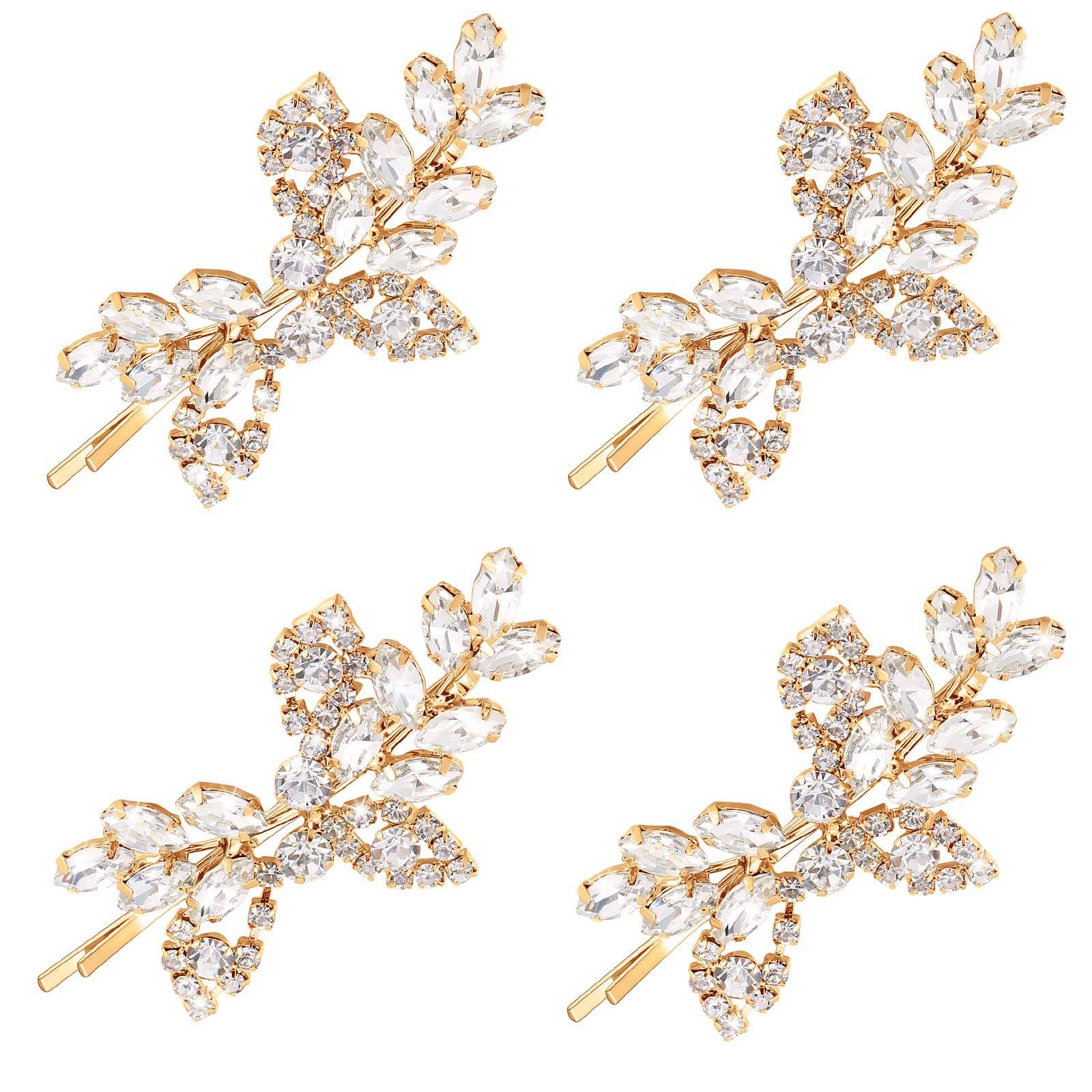 Waydress 4 Pcs Rhinestone Bridal Hair Clip Leaf Wedding Hairpin Bride Crystal Hair Barrette Accessories for Women(Gold, Rhinestone Style)