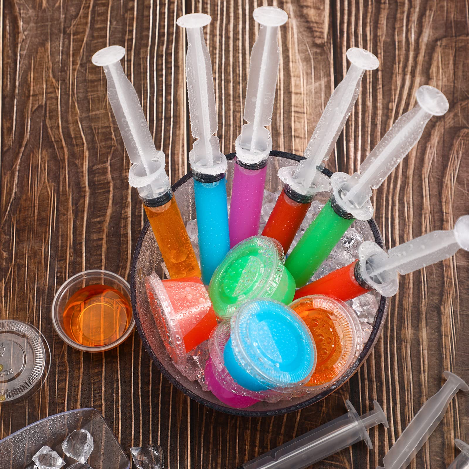 50 Pack Shot Set Include 24 Pcs 0.7 oz Shot Syringes 24 Pcs 2 oz Shot Cups with Lids and 2 Pcs 1 Liter Acrylic Bucket for Birthday Thanksgiving Halloween Christmas Bachelorette Theme Party