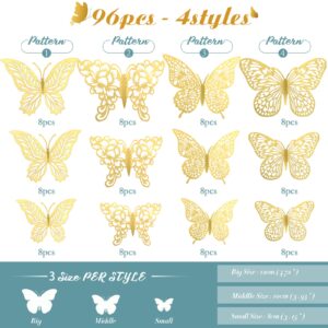 3D Gold Butterfly Wall Decor 3 Sizes 4 Styles Butterfly Party Decorations Cake Decorations Removable Stickers Wall Decor Room Mural Metallic Kids (Gold, 96Pcs)