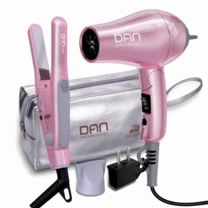 dan technology flat iron blow dryer set, small flat irons with travel case, concentrator nozzle & eu plug adapter, dual voltage & folding handle, pro hair dryer set…