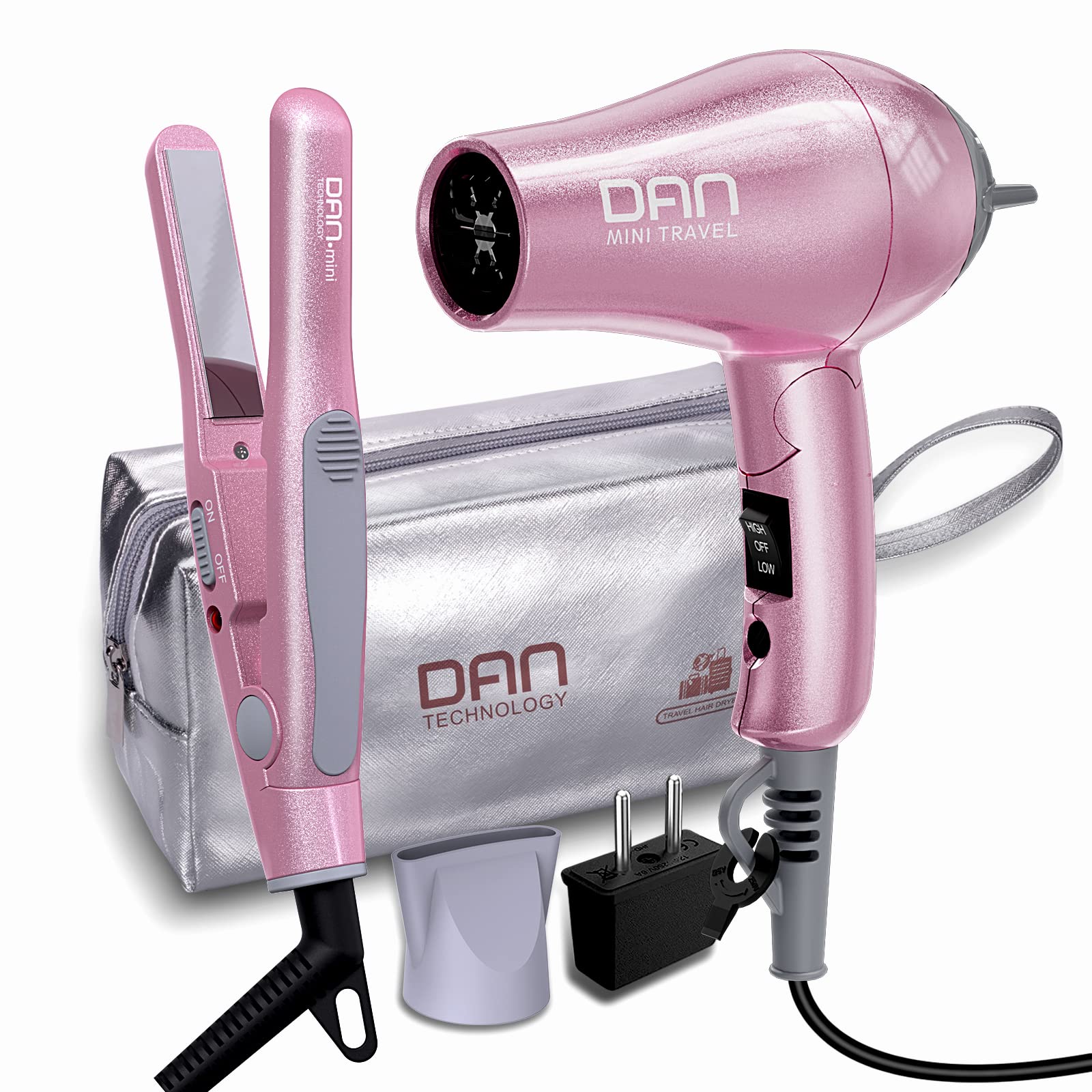 DAN Technology Flat Iron Blow Dryer Set, Small Flat Irons with Travel case, Concentrator Nozzle & EU Plug Adapter, Dual Voltage & Folding Handle, Pro Hair Dryer Set…