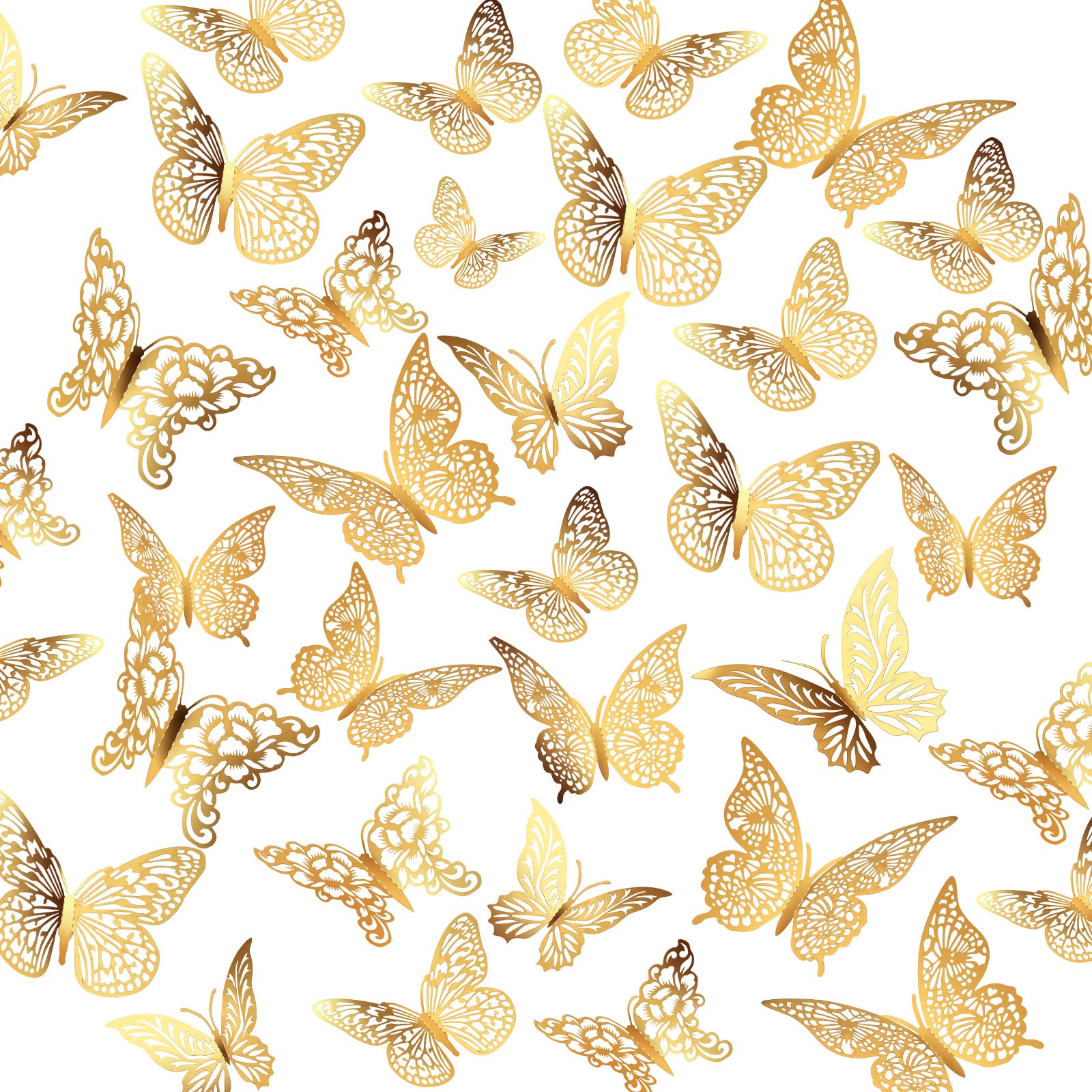 3D Gold Butterfly Wall Decor 3 Sizes 4 Styles Butterfly Party Decorations Cake Decorations Removable Stickers Wall Decor Room Mural Metallic Kids (Gold, 96Pcs)