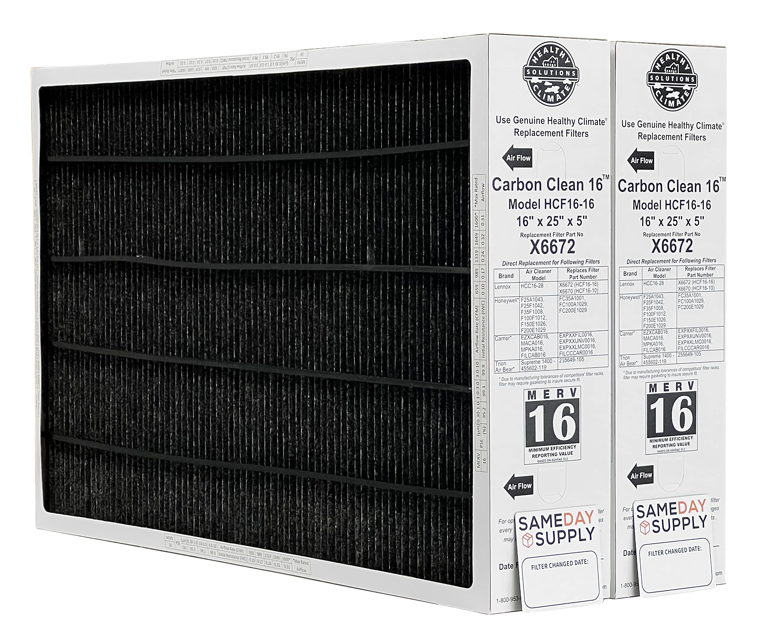 Lennox Healthy Climate Lennox X6672 16x25x5 Healthy Climate Carbon-Clean MERV 16 Filter Bundle with Same Day Supply Filter Change Reminder Magnet (2-Pack) 2 Count (Pack of 1)