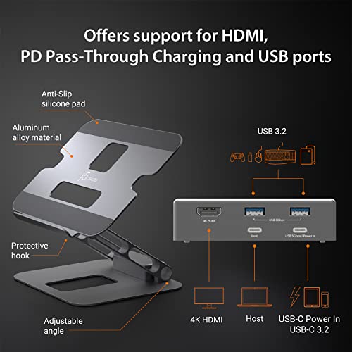 j5create Laptop Stand with USB C 4K HDMI Display Hub - 2 USB A 5Gbps, PD 100W with USB-C 5Gbps | Aluminum Computer Riser for MacBook and Windows Notebook (JTS327)