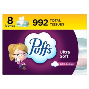 puffs ultra soft non-lotion facial tissue, 8 family boxes, 124 facial tissues per box