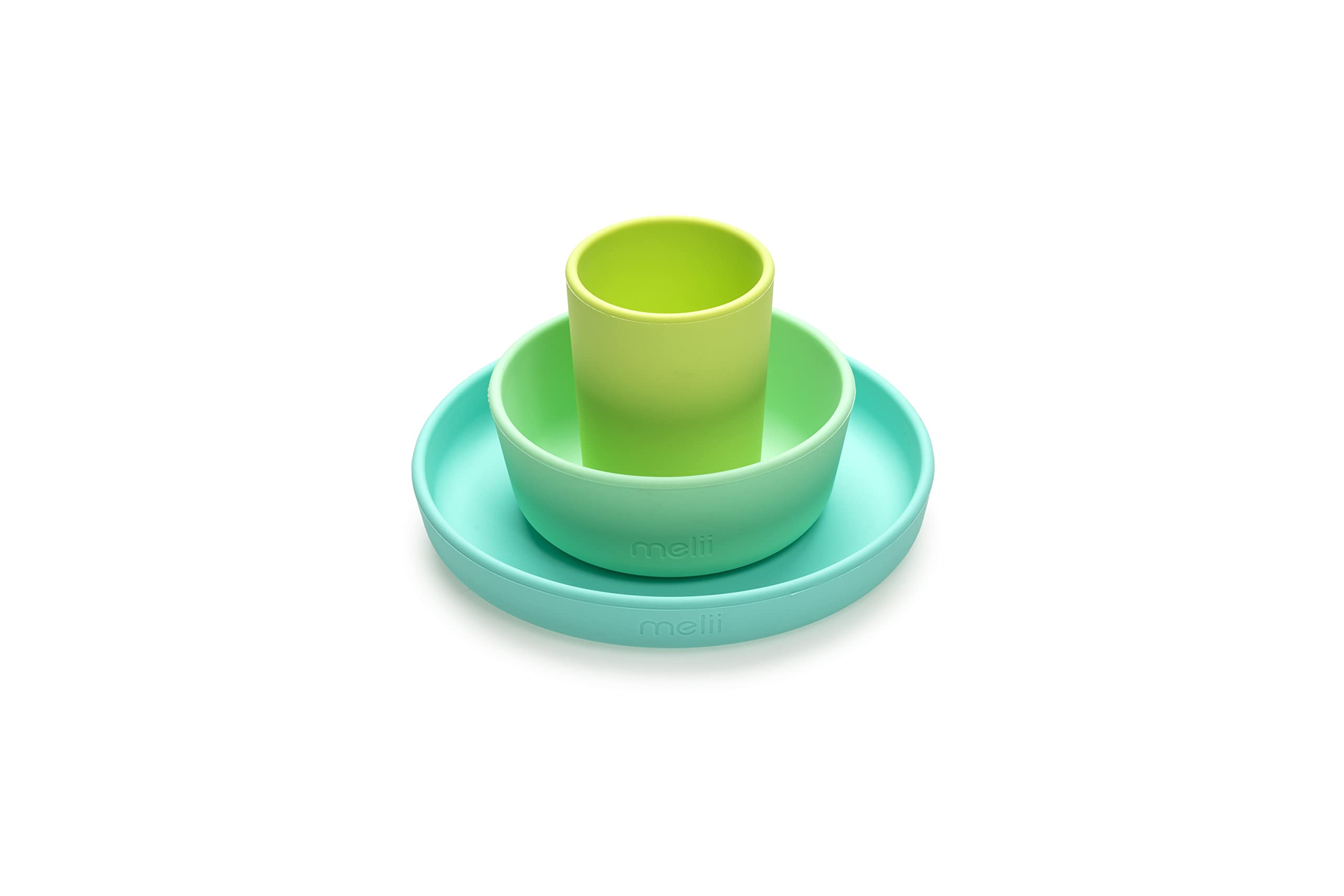 melii Non-Suction Silicone Plate, Bowl and Cup Set for Toddlers, Kids and Children (Lime, Mint, Blue)